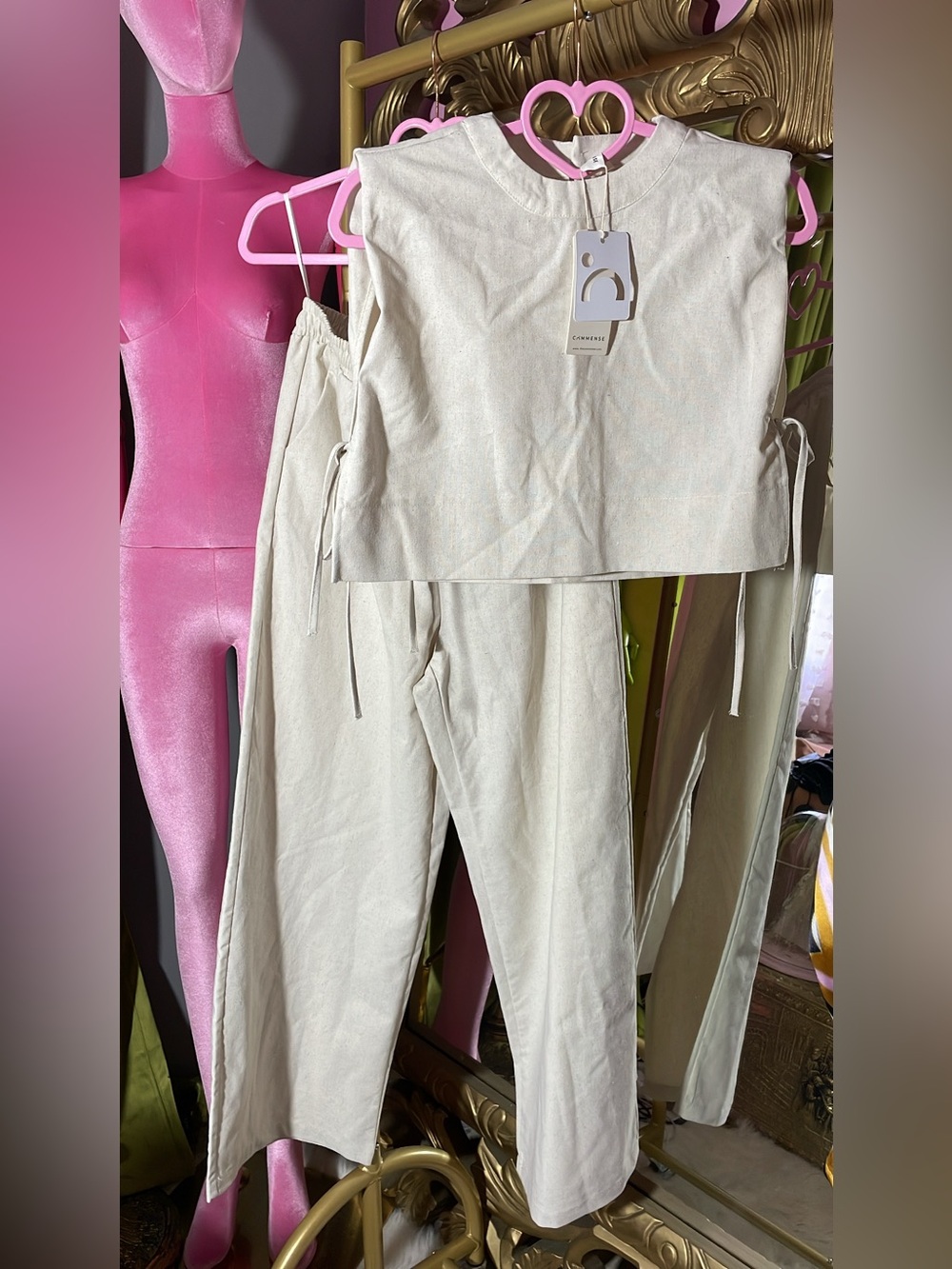 Commense Cream Straight-Leg Linen-Blend Pants with Matching Crop Top